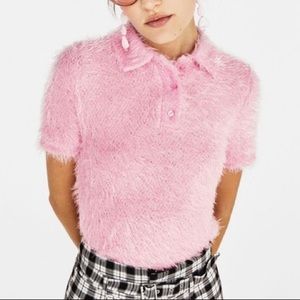 Bershka Women's Sz S Pink Eyelash Fuzzy Short Sleeve Sweater Polo Collar Top Nwt